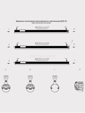Схема вариантов исполнения магистрального светильника ДСБ 02-14-830-02 